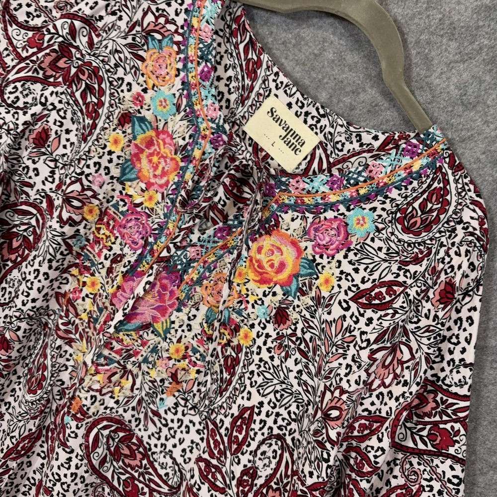 Savanna Jane Blouse Womens Sz L Burgundy Black Embroidered Floral Boho
